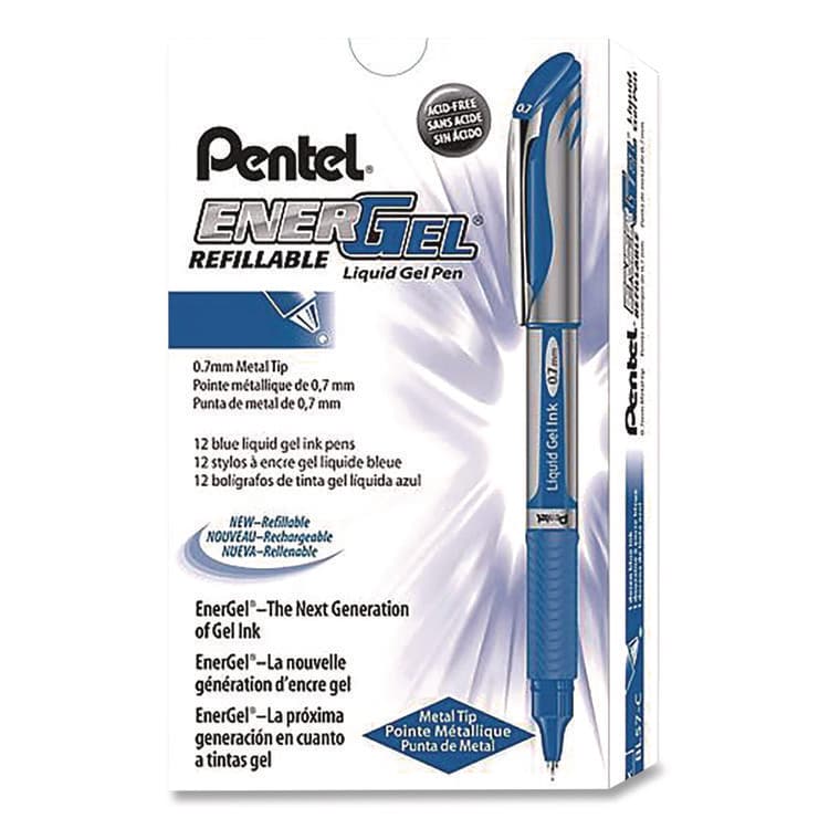 PENTEL OF AMERICA EnerGel Deluxe Gel Pen, Stick, Medium 0.7 mm, Blue Ink, Silver/Blue Barrel, Dozen (PENBL57CDZ)