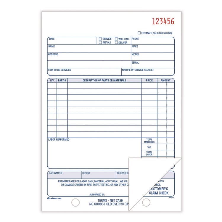 CARDINAL BRANDS . Multipart Repair Order Pad, Two-Part Carbonless, 5.56 x 7.94, 50 Forms Total (ABFD5084) thumbnail 2