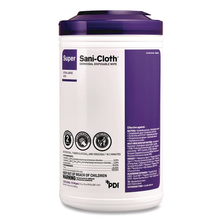PDI HEALTHCARE Super Sani-Cloth Disinfecting Wipes, 15 x 7.5, Unscented, White, 75 Wipes/Canister, 6/Carton (PDIP86984CT) thumbnail 2
