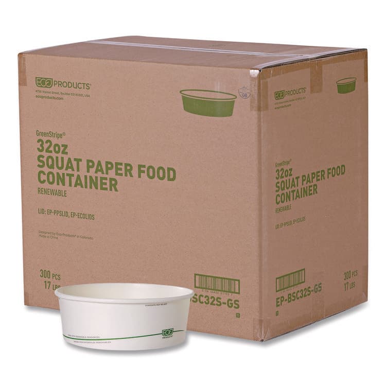 ECO-PRODUCTS,INC. GreenStripe Paper Food Containers, 32 oz, 7.28" dia x 2.48", White, 300/Carton (ECOEPBSC32SGS)