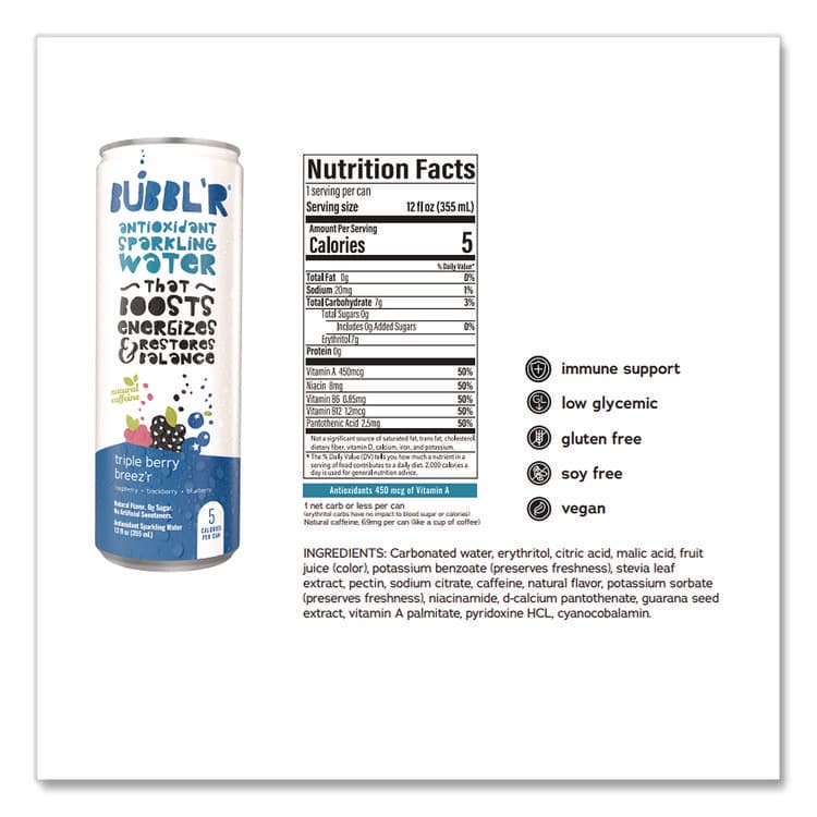 BUBBL'R Antioxidant Sparkling Water, Triple Berry Breez'r, 12 oz Can, 12 Cans/Carton (BBBWIC00028) thumbnail 3