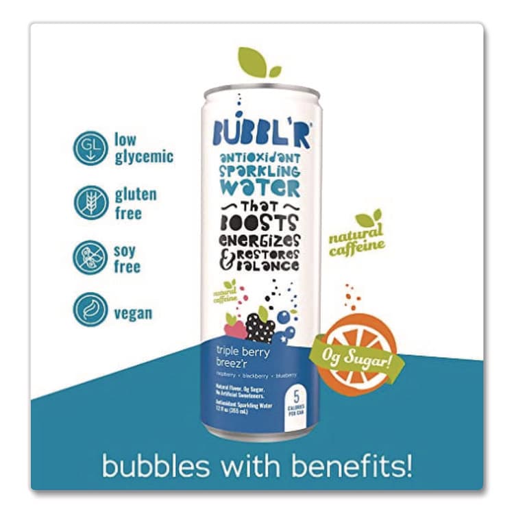 BUBBL'R Antioxidant Sparkling Water, Triple Berry Breez'r, 12 oz Can, 12 Cans/Carton (BBBWIC00028) thumbnail 4