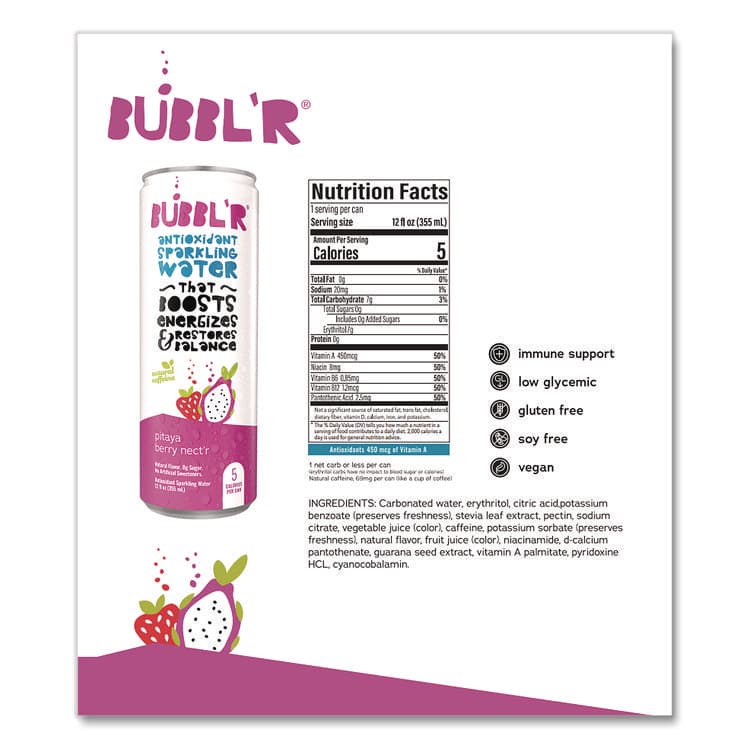BUBBL'R Antioxidant Sparkling Water, Pitaya Berry Nect'r, 12 oz Can, 12 Cans/Carton (BBBWIC39978) thumbnail 3