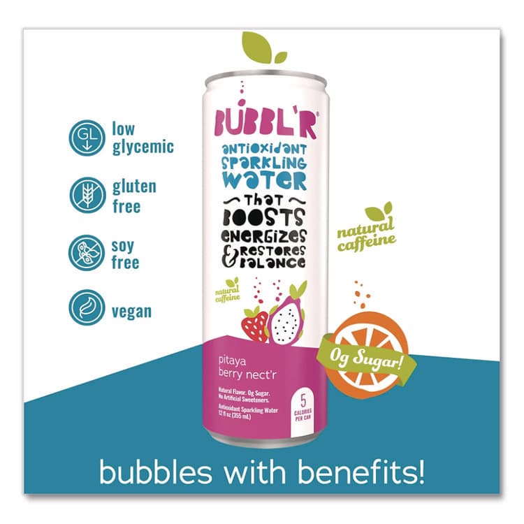 BUBBL'R Antioxidant Sparkling Water, Pitaya Berry Nect'r, 12 oz Can, 12 Cans/Carton (BBBWIC39978) thumbnail 4