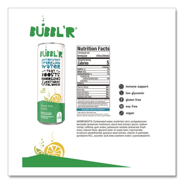 BUBBL'R Antioxidant Sparkling Water, Lemon Lime Twist'r, 12 oz Can, 12 Cans/Carton (BBBWIC60014) thumbnail 3