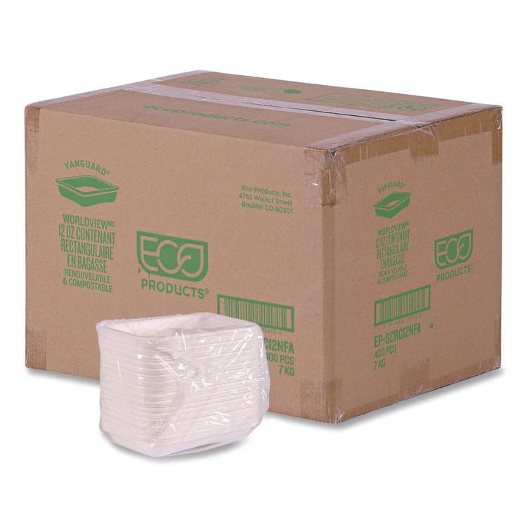 ECO-PRODUCTS,INC. WorldView Vanguard Rectangular Container, 12 oz, 7 x 4.75 x 1, Sugarcane Fiber, White, 400/Carton (ECOEPSCRC12NFA)