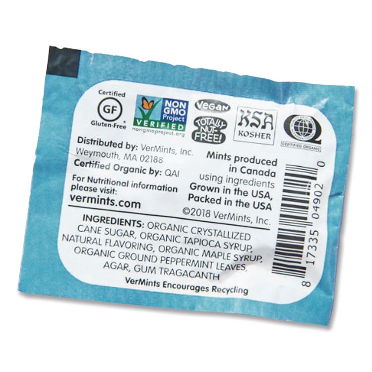 VERMINTS . VerMints Organic Mints/Pastilles, Peppermint, 2 Mints/0.7 oz Individually Wrapped, 100/Box (VEMVNT00992) thumbnail 4