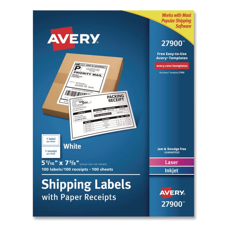 AVERY PRODUCTS CORPORATION Shipping Labels with Paper Receipt Bulk Pack, Inkjet/Laser Printers, 5.06 x 7.63, White, 100/Box (AVE27900)