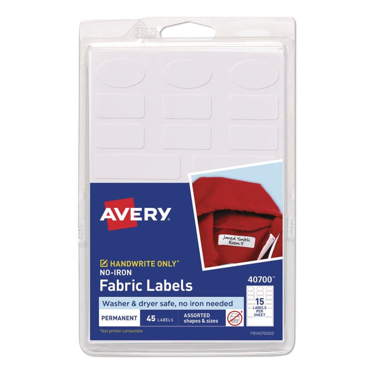 AVERY PRODUCTS CORPORATION Avery Kids No-Iron Fabric Labels, Handwrite Only, Assorted Shapes and Sizes, White, 15 Labels/Sheet, 3 Sheets/Pack (AVE40700)