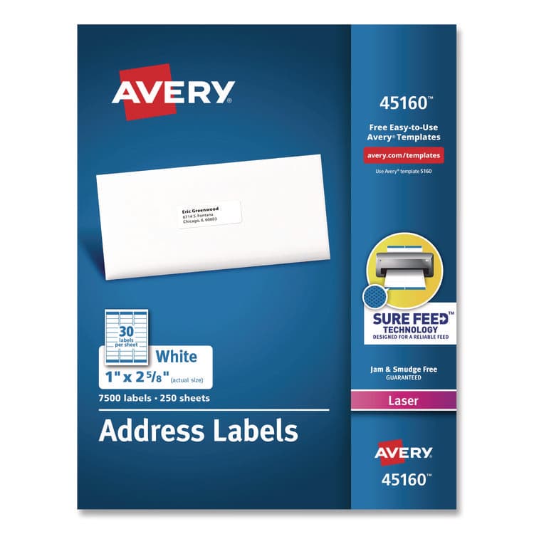 AVERY PRODUCTS CORPORATION White Address Labels w/ Sure Feed Technology for Laser Printers, Laser Printers, 1 x 2.63, White, 30/Sheet, 250 Sheets/Box (AVE45160)