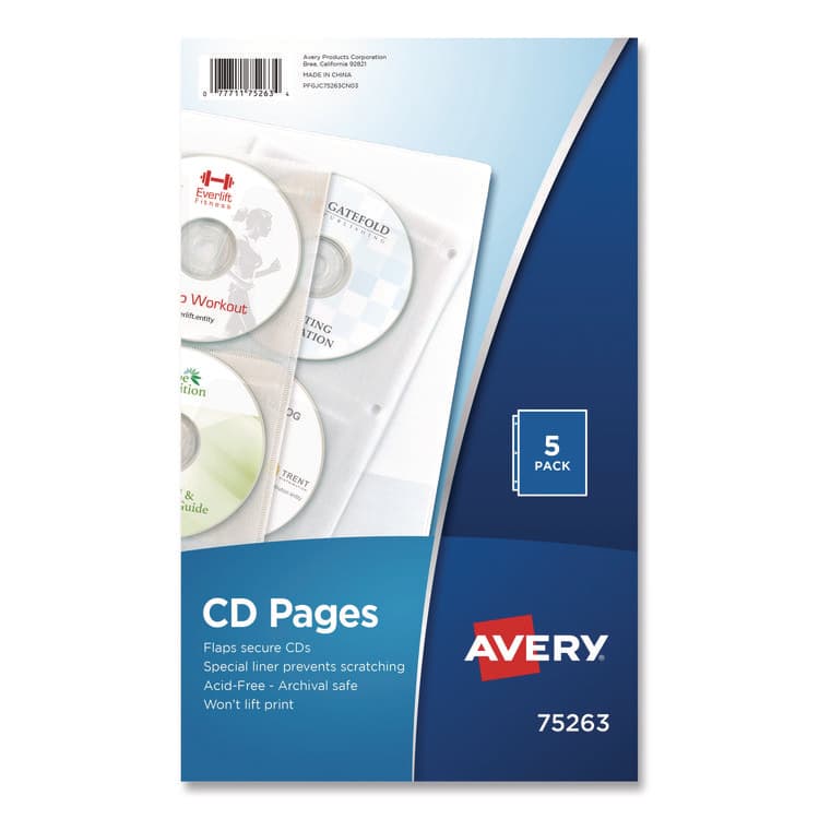 AVERY PRODUCTS CORPORATION Two-Sided CD Organizer Sheets for Three-Ring Binder, 4 Disc Capacity, Clear, 5/Pack (AVE75263)