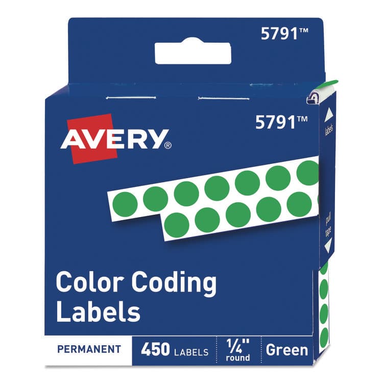 AVERY PRODUCTS CORPORATION Handwrite-Only Permanent Self-Adhesive Round Color-Coding Labels in Dispensers, 0.25" dia, Green, 450/Roll, (5791) (AVE05791)