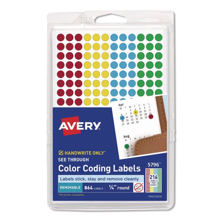 AVERY PRODUCTS CORPORATION Handwrite-Only Self-Adhesive "See Through" Removable Round Color Dots, 0.25" dia, Assorted, 216/Sheet, 4 Sheets/Pack, (5796) (AVE05796)