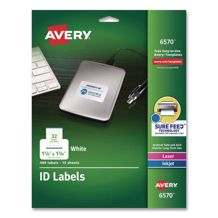 AVERY PRODUCTS CORPORATION Permanent ID Labels w/ Sure Feed Technology, Inkjet/Laser Printers, 1.25 x 1.75, White, 32/Sheet, 15 Sheets/Pack (AVE6570)