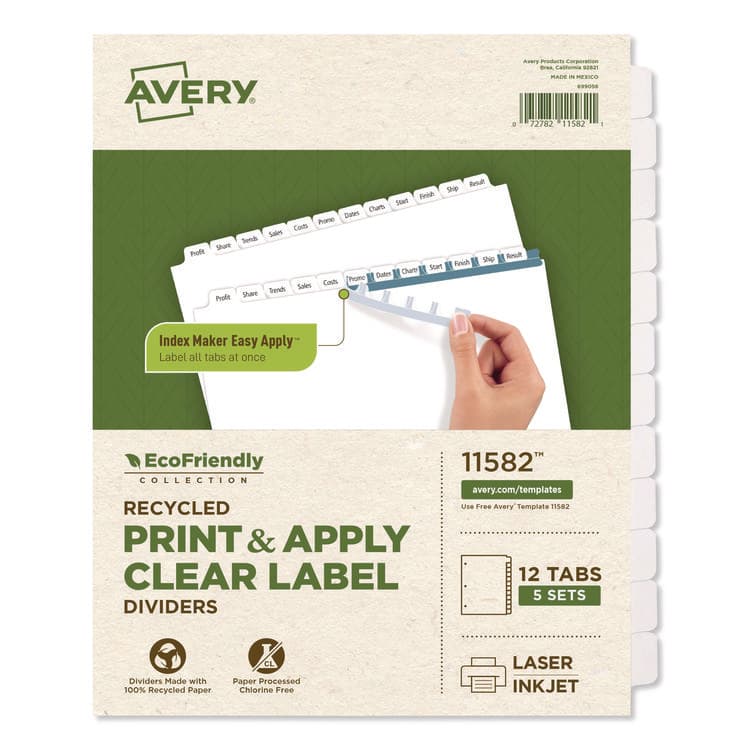 AVERY PRODUCTS CORPORATION Index Maker EcoFriendly Print and Apply Clear Label Dividers with White Tabs, 12-Tab, 11 x 8.5, White, 5 Sets (AVE11582)