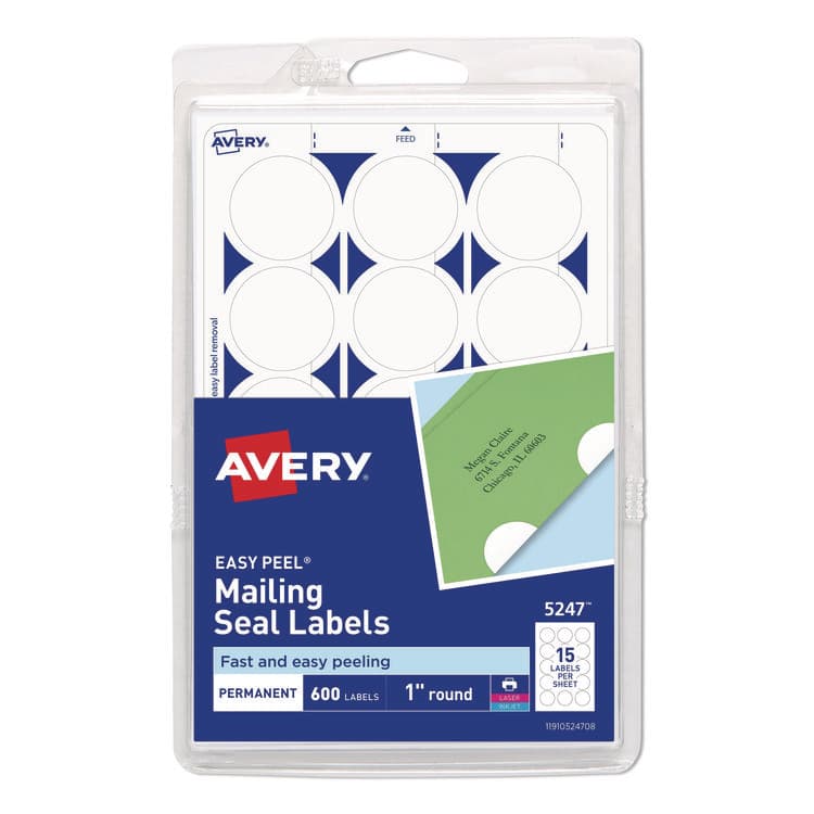 AVERY PRODUCTS CORPORATION Printable Mailing Seals, 1" dia, White, 15/Sheet, 40 Sheets/Pack, (5247) (AVE05247)