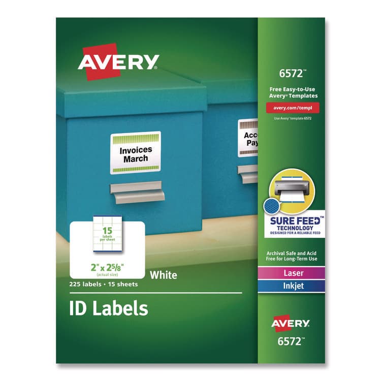 AVERY PRODUCTS CORPORATION Permanent ID Labels w/ Sure Feed Technology, Inkjet/Laser Printers, 2 x 2.63, White, 15/Sheet, 15 Sheets/Pack (AVE6572)