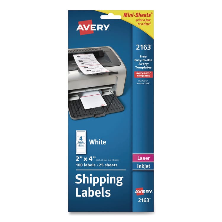 AVERY PRODUCTS CORPORATION Mini-Sheets Mailing Labels, Inkjet/Laser Printers, 2 x 4, White, 4/Sheet, 25 Sheets/Pack (AVE2163)