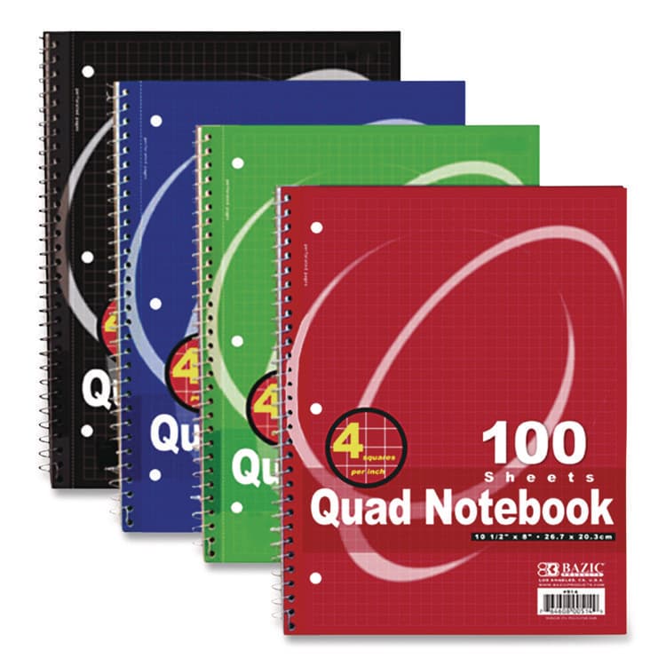 BAZIC PRODUCTS Spiral Notebooks, 1-Subject, Quadrille Rule (4 sq/in), Randomly Assorted Cover Color, (100) 10.5 x 8 Sheets (BAZ514)