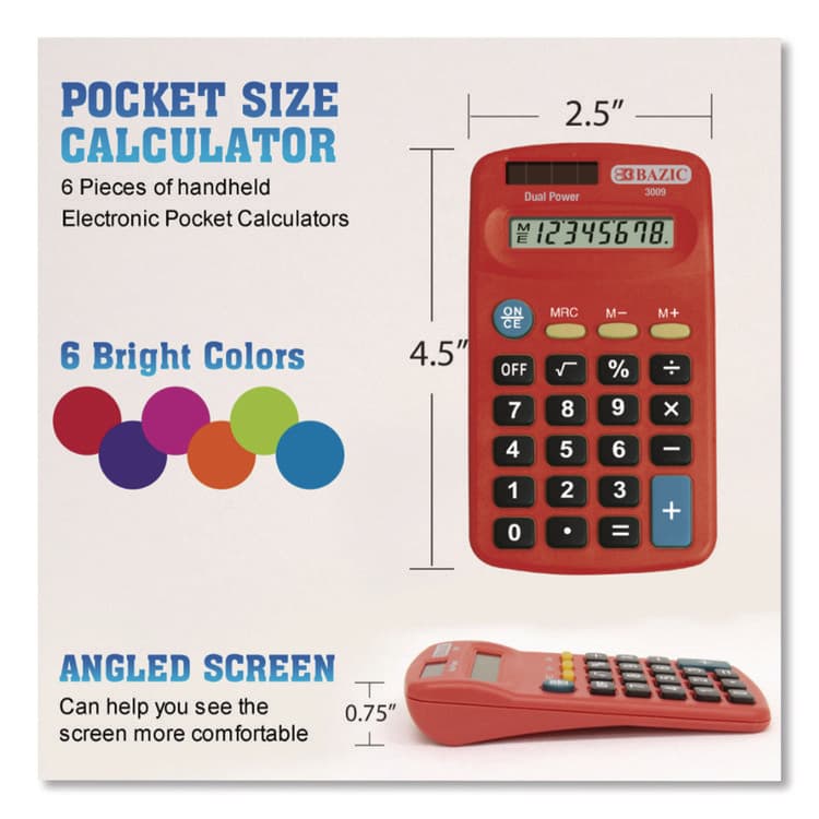 BAZIC PRODUCTS Dual Power Pocket Size Calculator, 8-Digit, LCD (BAZ3009) thumbnail 2