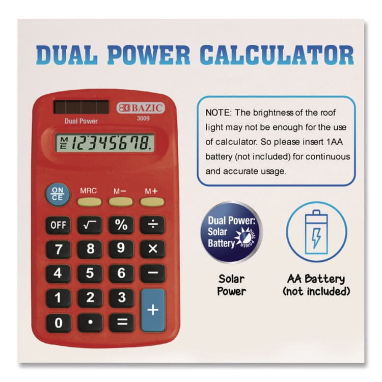 BAZIC PRODUCTS Dual Power Pocket Size Calculator, 8-Digit, LCD (BAZ3009) thumbnail 3