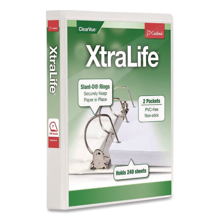 CARDINAL BRANDS . XtraLife ClearVue Non-Stick Slant-D Ring Binder, 3 Rings, 1" Capacity, 11 x 8.5, White (CRD26300)