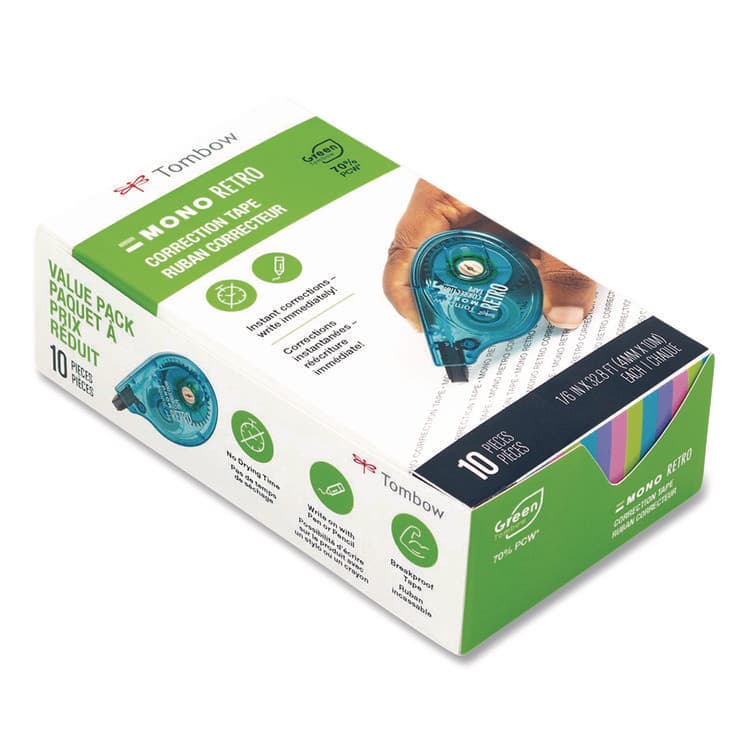 AMERICAN TOMBOW . MONO Original Correction Tape Value Pack, Non-Refillable, 0.17" x 32.83 ft, White Tape, Assorted Dispenser Colors, 10/Pack (TOM68723) thumbnail 2