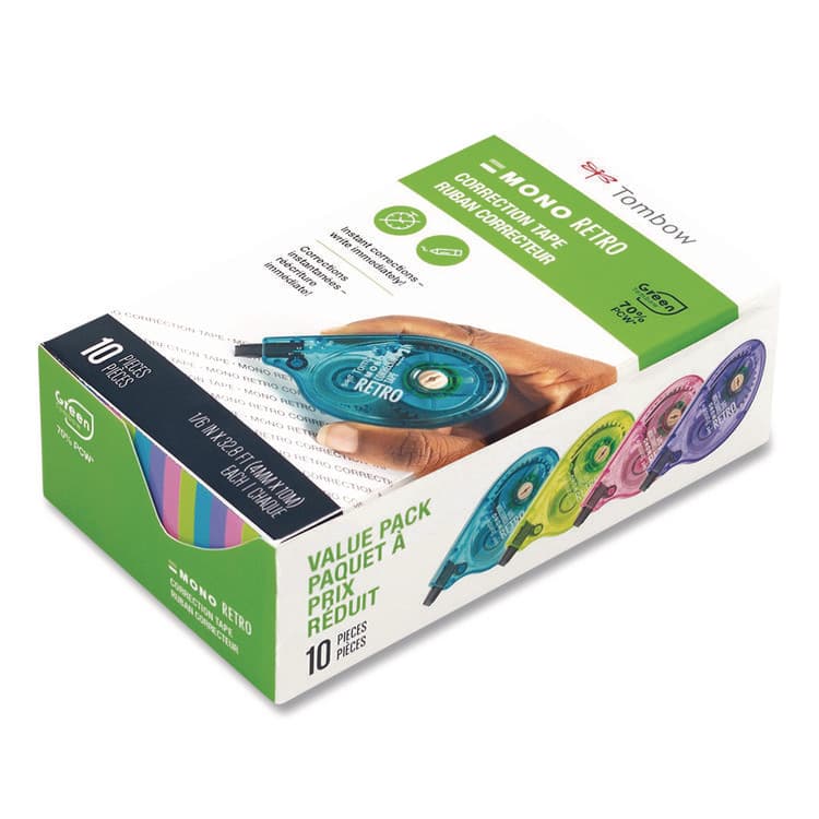 AMERICAN TOMBOW . MONO Original Correction Tape Value Pack, Non-Refillable, 0.17" x 32.83 ft, White Tape, Assorted Dispenser Colors, 10/Pack (TOM68723) thumbnail 3