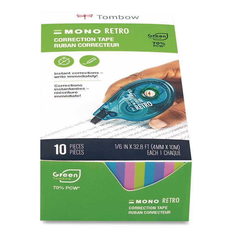 AMERICAN TOMBOW . MONO Original Correction Tape Value Pack, Non-Refillable, 0.17" x 32.83 ft, White Tape, Assorted Dispenser Colors, 10/Pack (TOM68723)