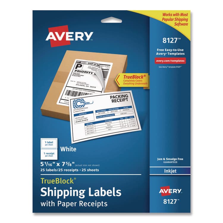 AVERY PRODUCTS CORPORATION Shipping Labels with TrueBlock Technology, Inkjet Printers, 5.06 x 7.62, White, 25 Sheets/Pack (AVE8127)