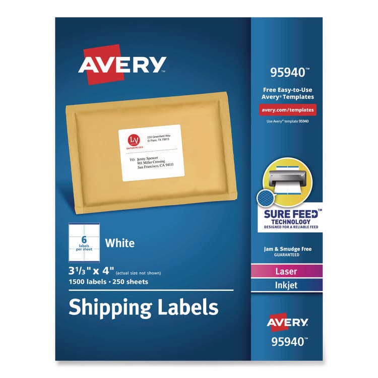 AVERY PRODUCTS CORPORATION White Shipping Labels-Bulk Packs, Inkjet/Laser Printers, 3.33 x 4, White, 6/Sheet, 250 Sheets/Box (AVE95940)