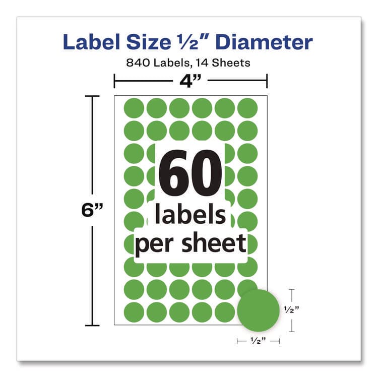 AVERY PRODUCTS CORPORATION Handwrite Only Self-Adhesive Removable Round Color-Coding Labels, 0.5" dia, Neon Green, 60/Sheet, 14 Sheets/Pack, (5052) (AVE05052) thumbnail 3