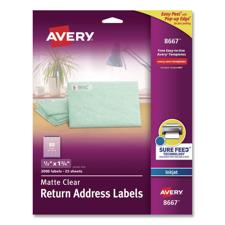 AVERY PRODUCTS CORPORATION Matte Clear Easy Peel Mailing Labels with Sure Feed Technology, Inkjet Printers, 0.5 x 1.75, Clear, 80/Sheet, 25 Sheets/Pack (AVE8667)
