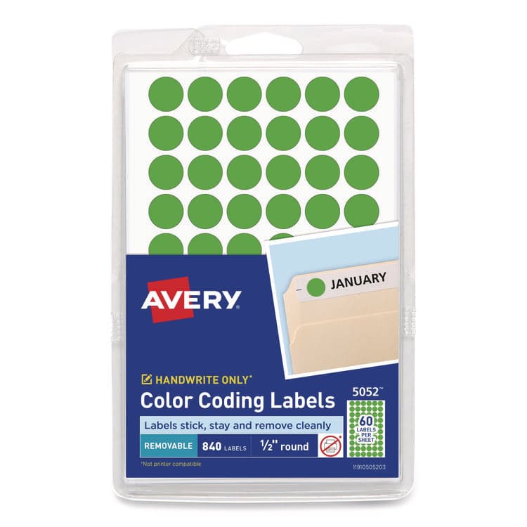 AVERY PRODUCTS CORPORATION Handwrite Only Self-Adhesive Removable Round Color-Coding Labels, 0.5" dia, Neon Green, 60/Sheet, 14 Sheets/Pack, (5052) (AVE05052)
