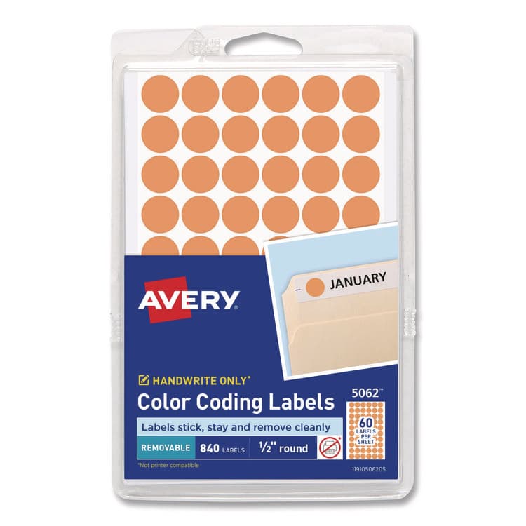 AVERY PRODUCTS CORPORATION Handwrite Only Self-Adhesive Removable Round Color-Coding Labels, 0.5" dia, Neon Orange, 60/Sheet, 14 Sheets/Pack, (5062) (AVE05062)