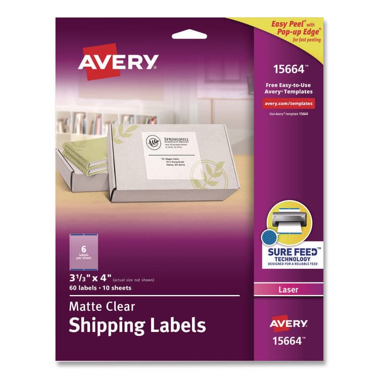 AVERY PRODUCTS CORPORATION Matte Clear Easy Peel Mailing Labels w/ Sure Feed Technology, Laser Printers, 3.33 x 4, Clear, 6/Sheet, 10 Sheets/Pack (AVE15664)