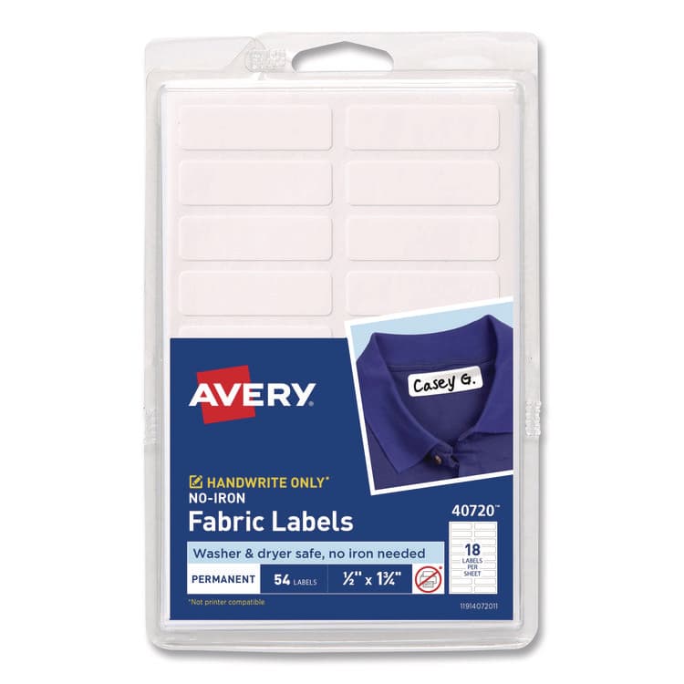 AVERY PRODUCTS CORPORATION No-Iron Fabric Labels, 0.5 x 1.75, White, 18/Sheet, 3 Sheets/Pack (AVE40720)