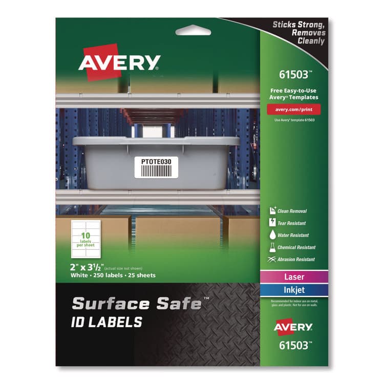AVERY PRODUCTS CORPORATION Surface Safe ID Labels, Inkjet/Laser Printers, 2 x 3.5, White, 10/Sheet, 25 Sheets/Pack (AVE61503)