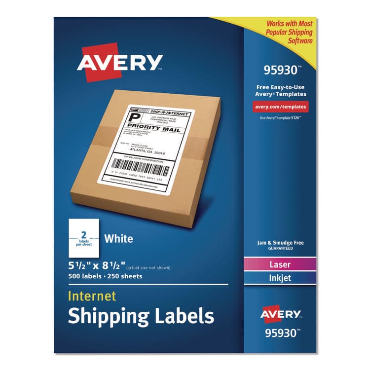 AVERY PRODUCTS CORPORATION White Shipping Labels-Bulk Packs, Inkjet/Laser Printers, 5.5 x 8.5, White, 2/Sheet, 250 Sheets/Box (AVE95930)