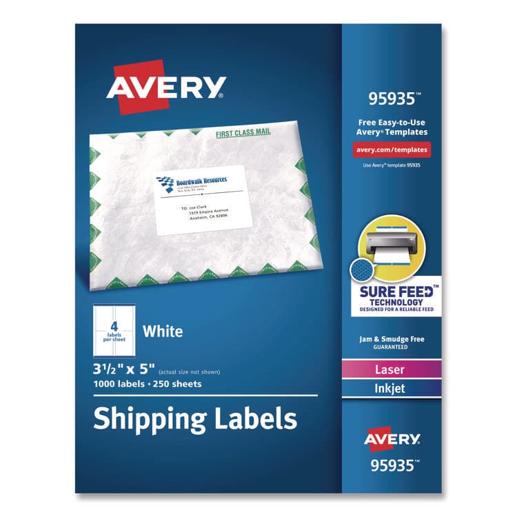 AVERY PRODUCTS CORPORATION White Shipping Labels-Bulk Packs, Inkjet/Laser Printers, 3.5 x 5, White, 4/Sheet, 250 Sheets/Box (AVE95935)