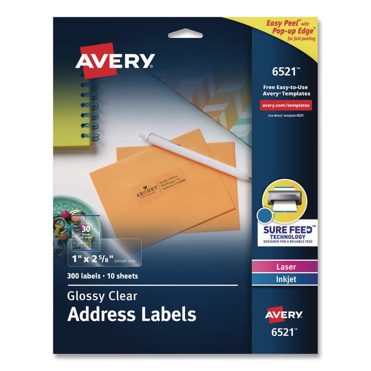 AVERY PRODUCTS CORPORATION Glossy Clear Easy Peel Mailing Labels w/ Sure Feed Technology, Inkjet/Laser Printers, 1 x 2.63, 30/Sheet, 10 Sheets/Pack (AVE6521)