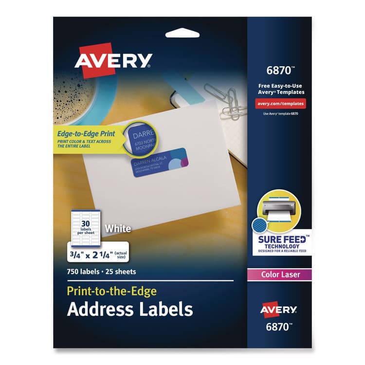 AVERY PRODUCTS CORPORATION Vibrant Laser Color-Print Labels w/ Sure Feed, 0.75 x 2.25, White, 750/PK (AVE6870)