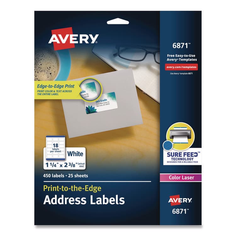 AVERY PRODUCTS CORPORATION Vibrant Laser Color-Print Labels w/ Sure Feed, 1.25 x 2.38, White, 450/Pack (AVE6871)