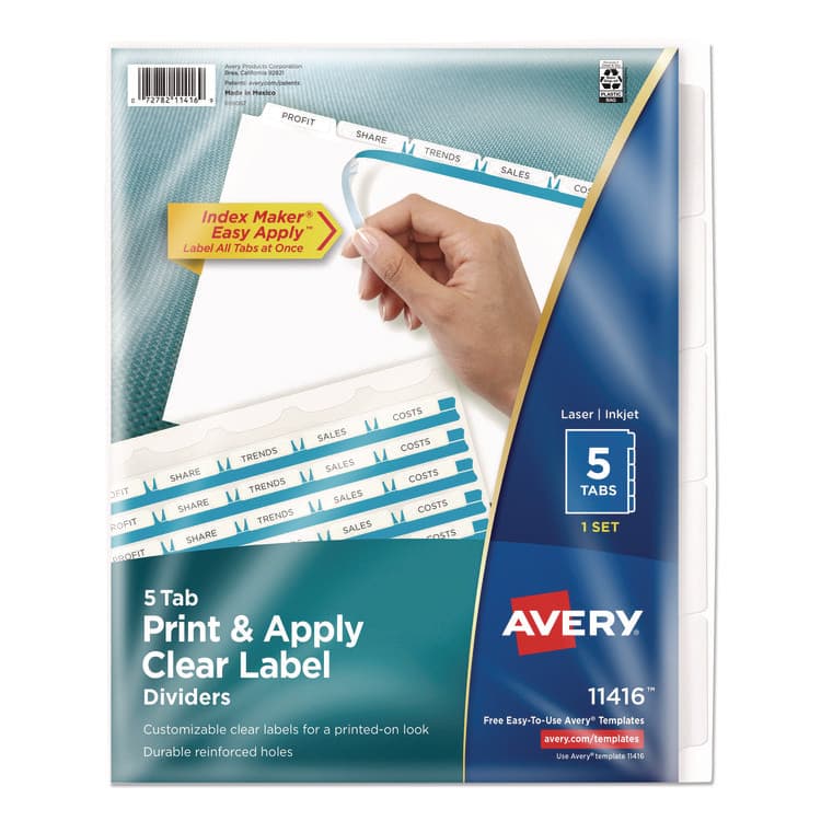 AVERY PRODUCTS CORPORATION Print and Apply Index Maker Clear Label Dividers with Printable Label Strip and White Tabs, 5-Tab, 11 x 8.5, White, 1 Set (AVE11416)