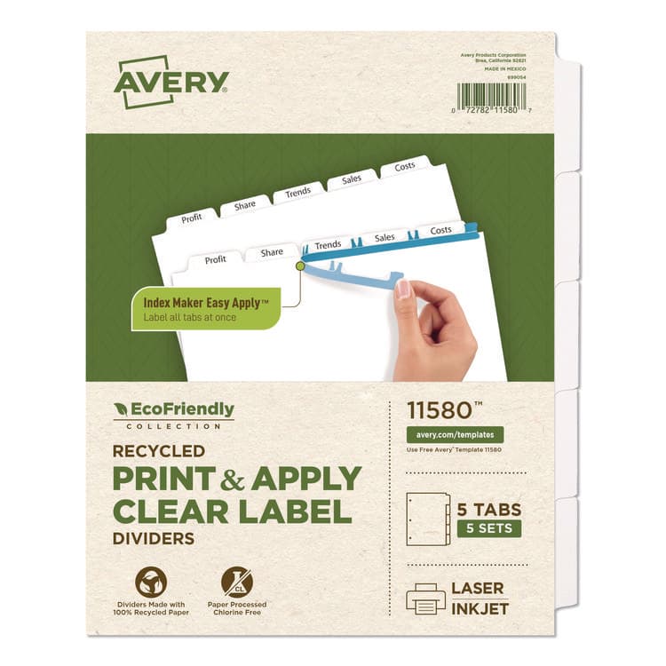 AVERY PRODUCTS CORPORATION Index Maker EcoFriendly Print and Apply Clear Label Dividers with White Tabs, 5-Tab, 11 x 8.5, White, 5 Sets (AVE11580)