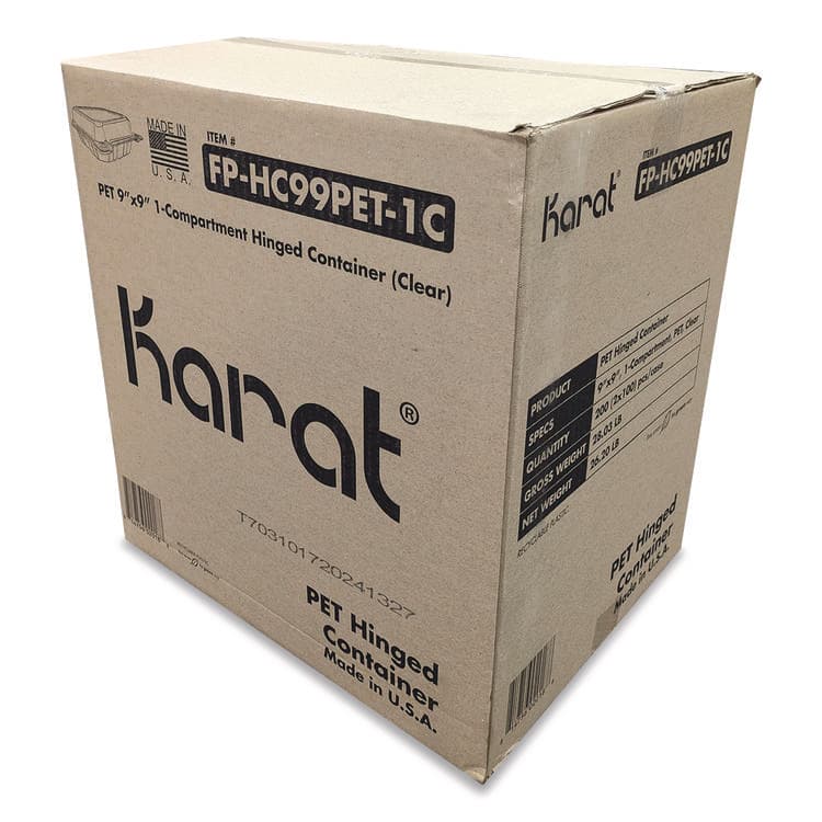 KARAT BY LOLLICUP PET Plastic Hinged Container, 9 x 9 x 3.6, Clear, Plastic, 100/Pack, 2 Packs/Carton (KRTFPHC99PET1C)