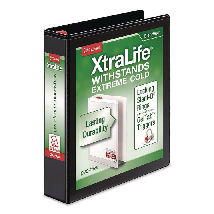 CARDINAL BRANDS . XtraLife ClearVue Non-Stick Slant-D Ring Binder, 3 Rings, 1.5" Capacity, 11 x 8.5, Black (CRD26311)
