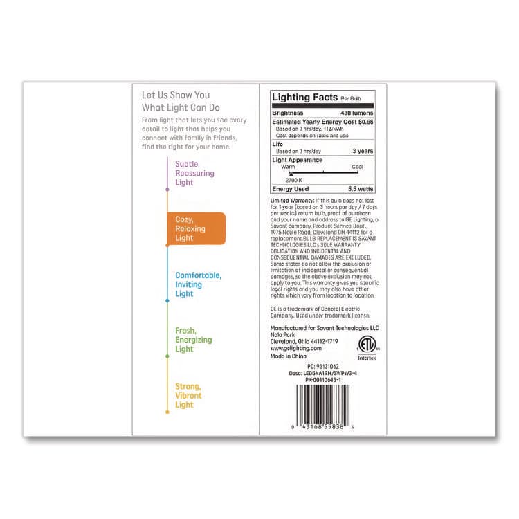 GENERAL ELECTRIC CO. Classic LED SW Non-Dim A19 Light Bulb, 5.5 W, Soft White, 4/Pack (GEL93131062) thumbnail 3