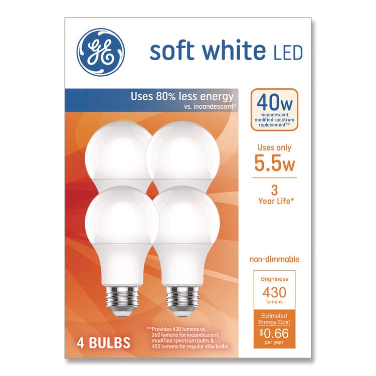 GENERAL ELECTRIC CO. Classic LED SW Non-Dim A19 Light Bulb, 5.5 W, Soft White, 4/Pack (GEL93131062)