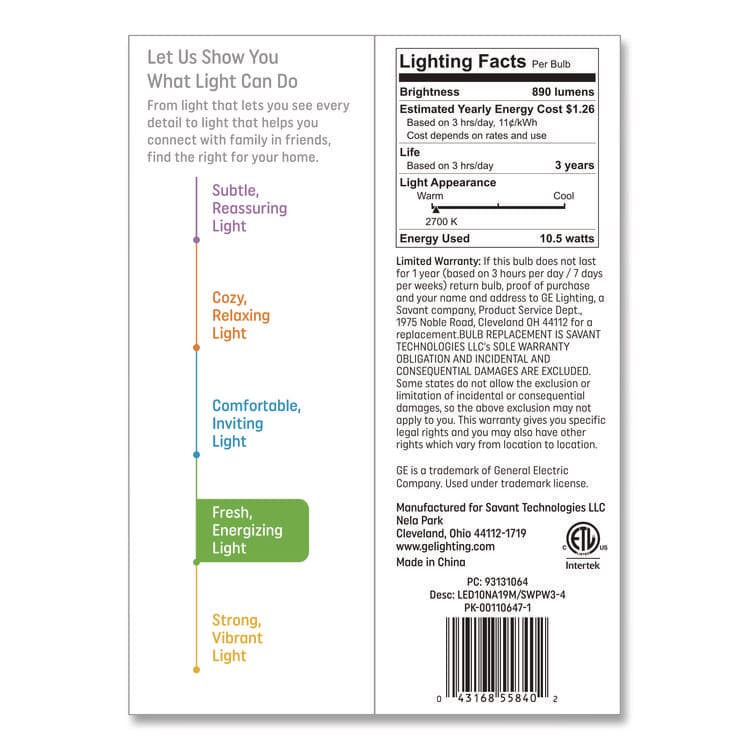 GENERAL ELECTRIC CO. Classic LED SW Non-Dim A19 Light Bulb, 10.5 W, Soft White, 4/Pack (GEL93131064) thumbnail 3